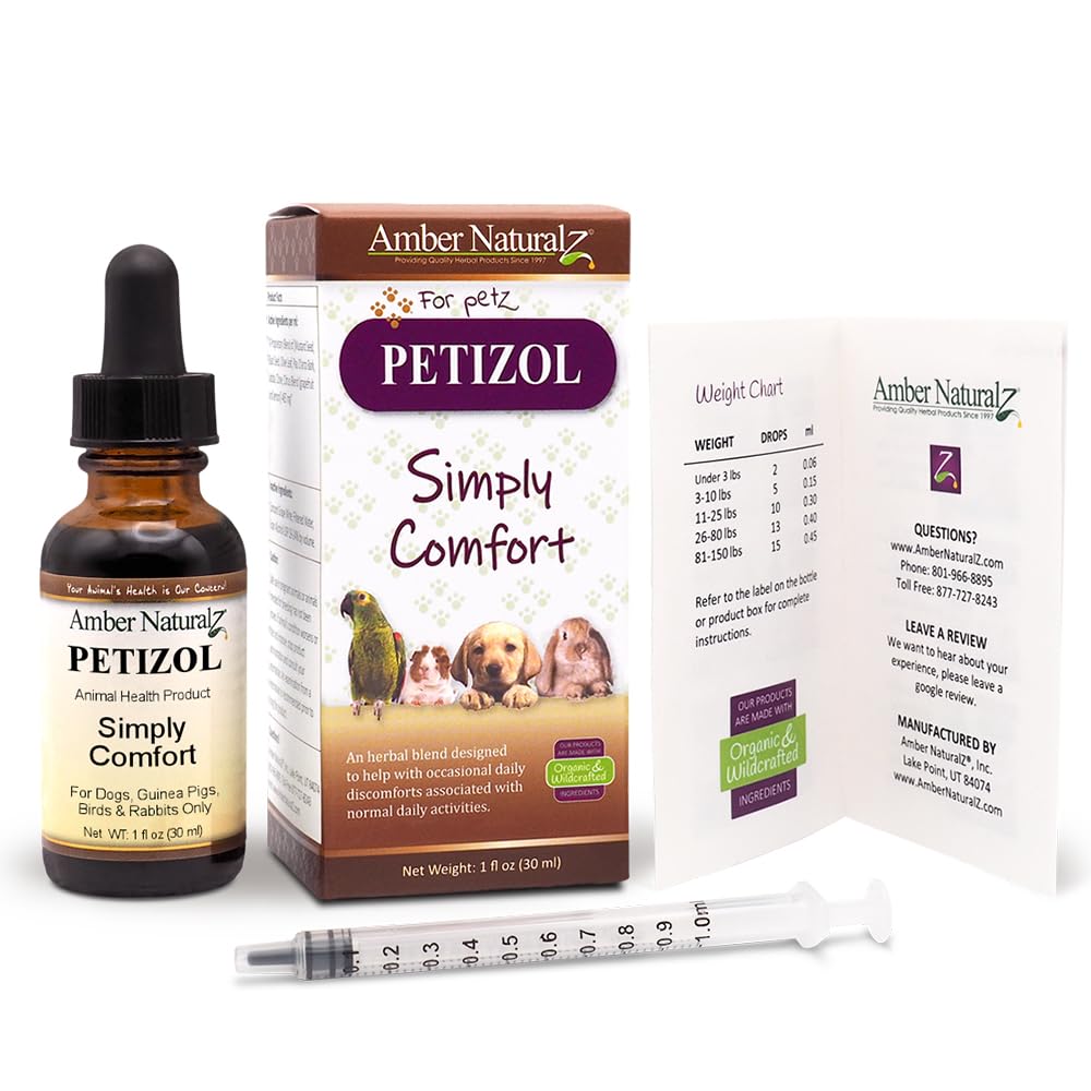 AMBER NATURALZ Petizol Simply Comfort Herbal Supplement for Dogs, Bird, Rabbit | Support for Occasional Discomforts and Normal Body Temperature | 1 Fluid Ounce Glass Bottle | Manufactured in The USA