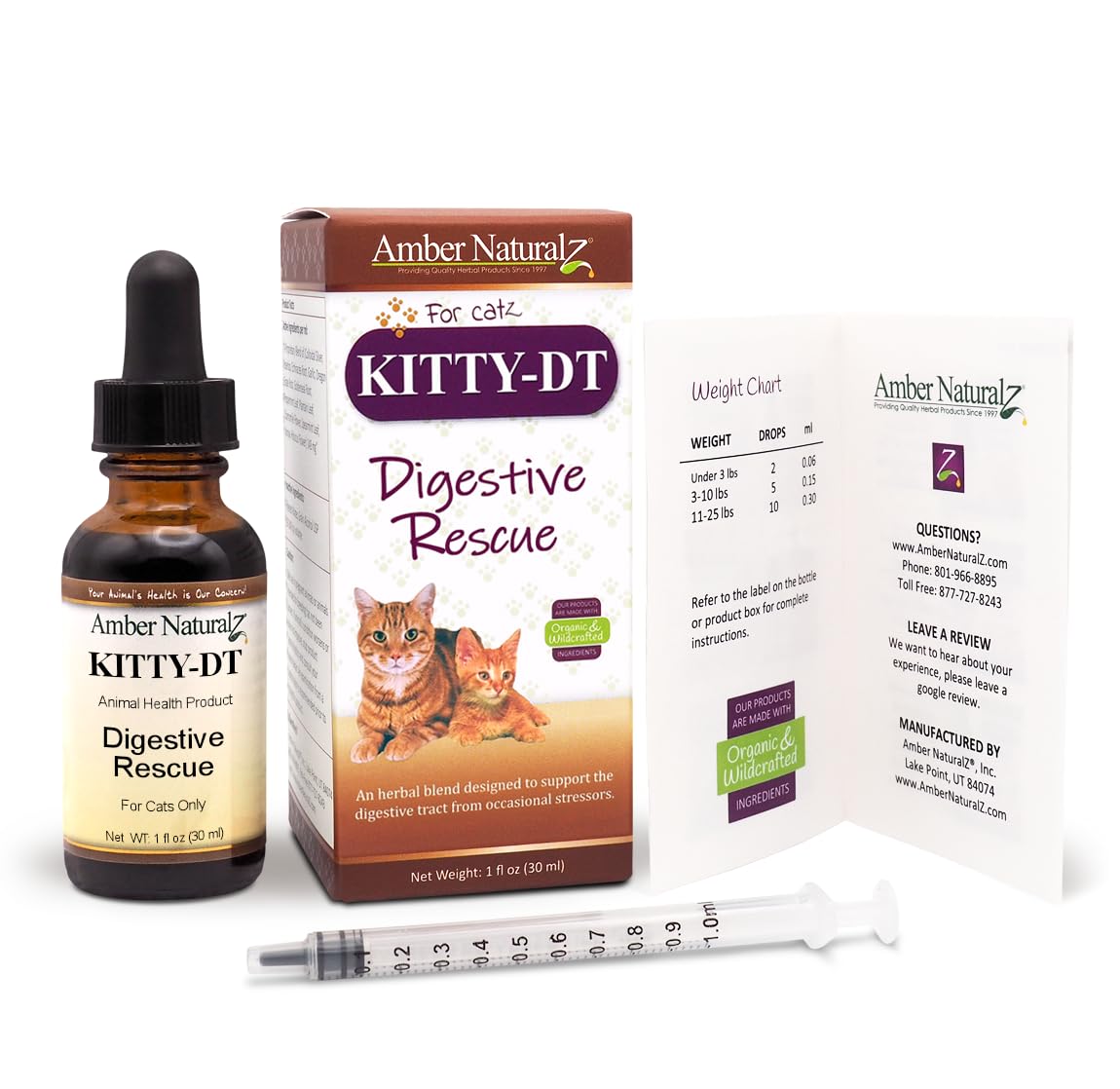 AMBER NATURALZ Kitty-DT Digestive Rescue Herbal Supplement for Cats | Feline Herbal Supplement for Occasional Upset and Digestive Support | 1 Fluid Ounce Glass Bottle | Manufactured in The USA