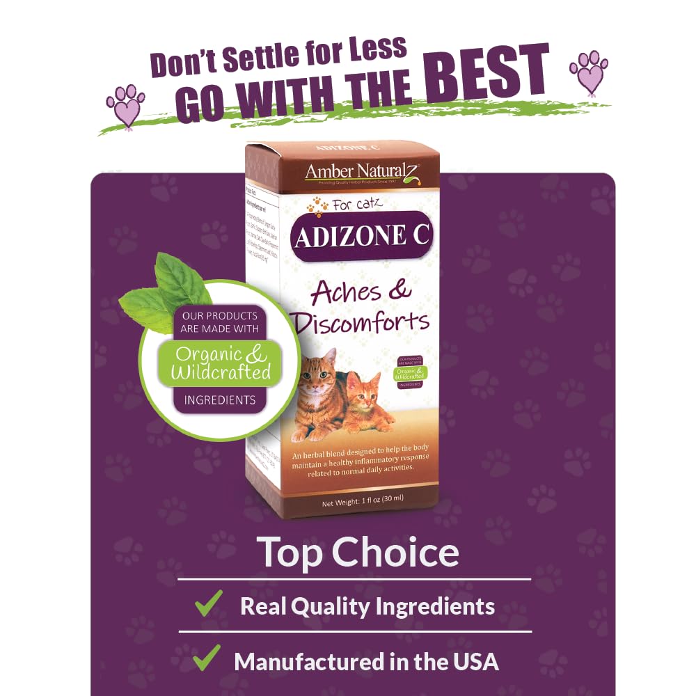 Amber NaturalZ Adizone C Herbal Supplement for Cats | Feline Herbal Supplement for Occasional Soreness, Stiffness, Aches and Discomfort | 1 Fluid Ounce Glass Bottle | Manufactured in The USA