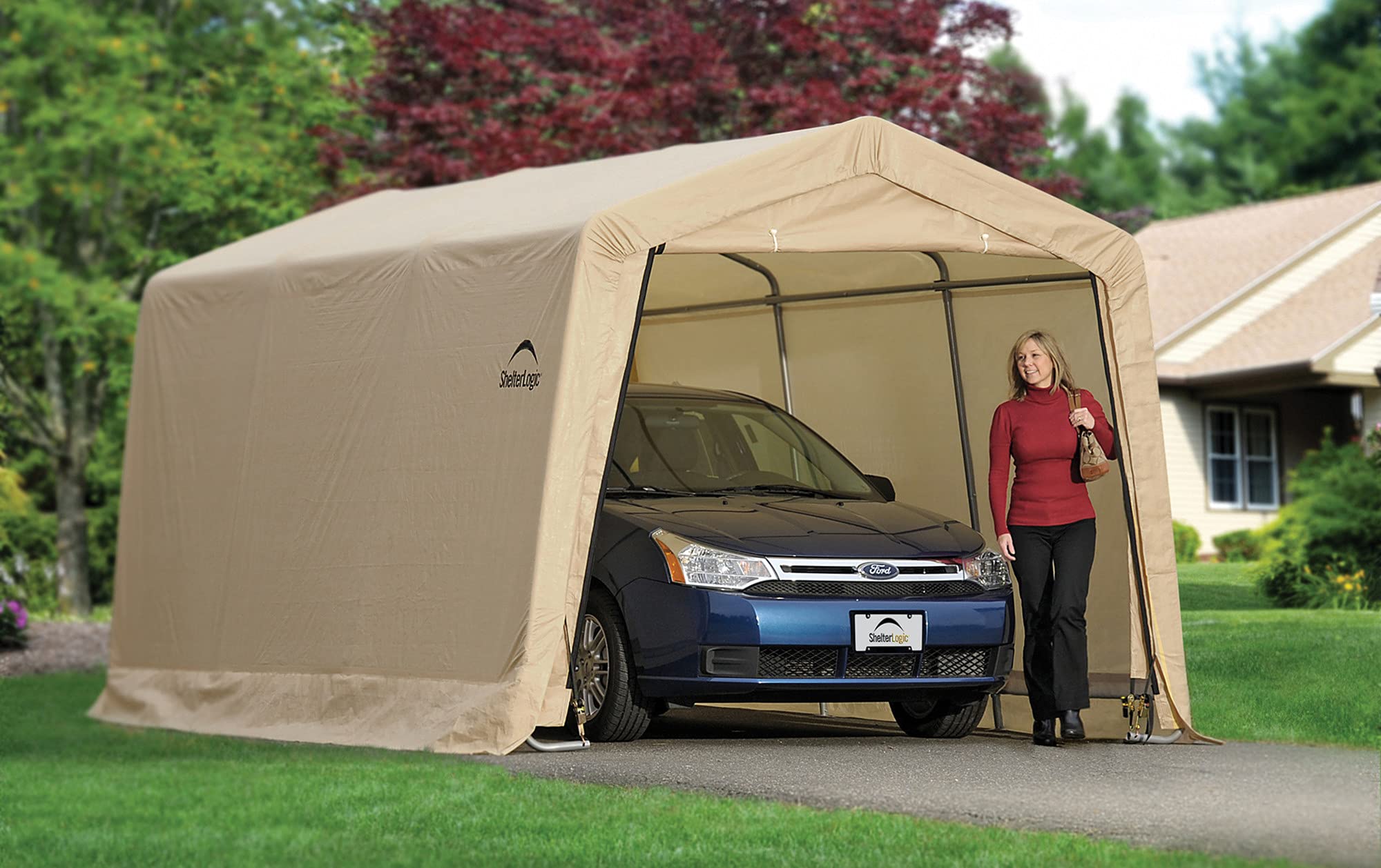 ShelterLogic 10' x 15' x 8' Peak Style Roof Instant Garage Carport Car Canopy with Steel Frame and Waterproof UV-Treated Cover, Sandstone