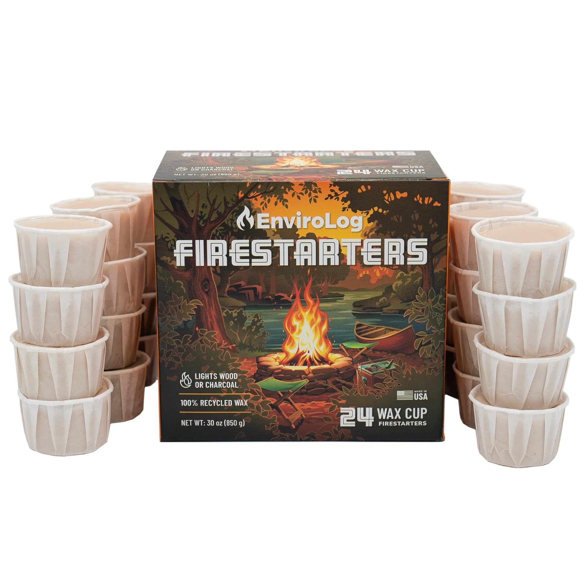 EnviroLog Firestarter Cups, 24 Count, for Bonfires, Fire Pits, BBQ Charcoal Grills, Smokers, Wood Fireplaces, & Camping - Made from Recycled Materials