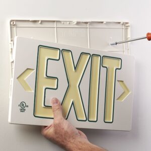 UL Listed 50 foot Jessup Glo Brite 7122-B Exit Sign, Double Sided with Frame, White with Green Outline, 8.75-Inch x 15.5-Inch (Mounts 4 ways, includes bracket and arrows)