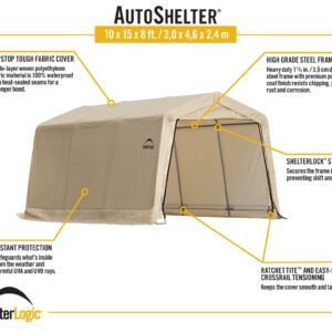 ShelterLogic 10' x 15' x 8' Peak Style Roof Instant Garage Carport Car Canopy with Steel Frame and Waterproof UV-Treated Cover, Sandstone