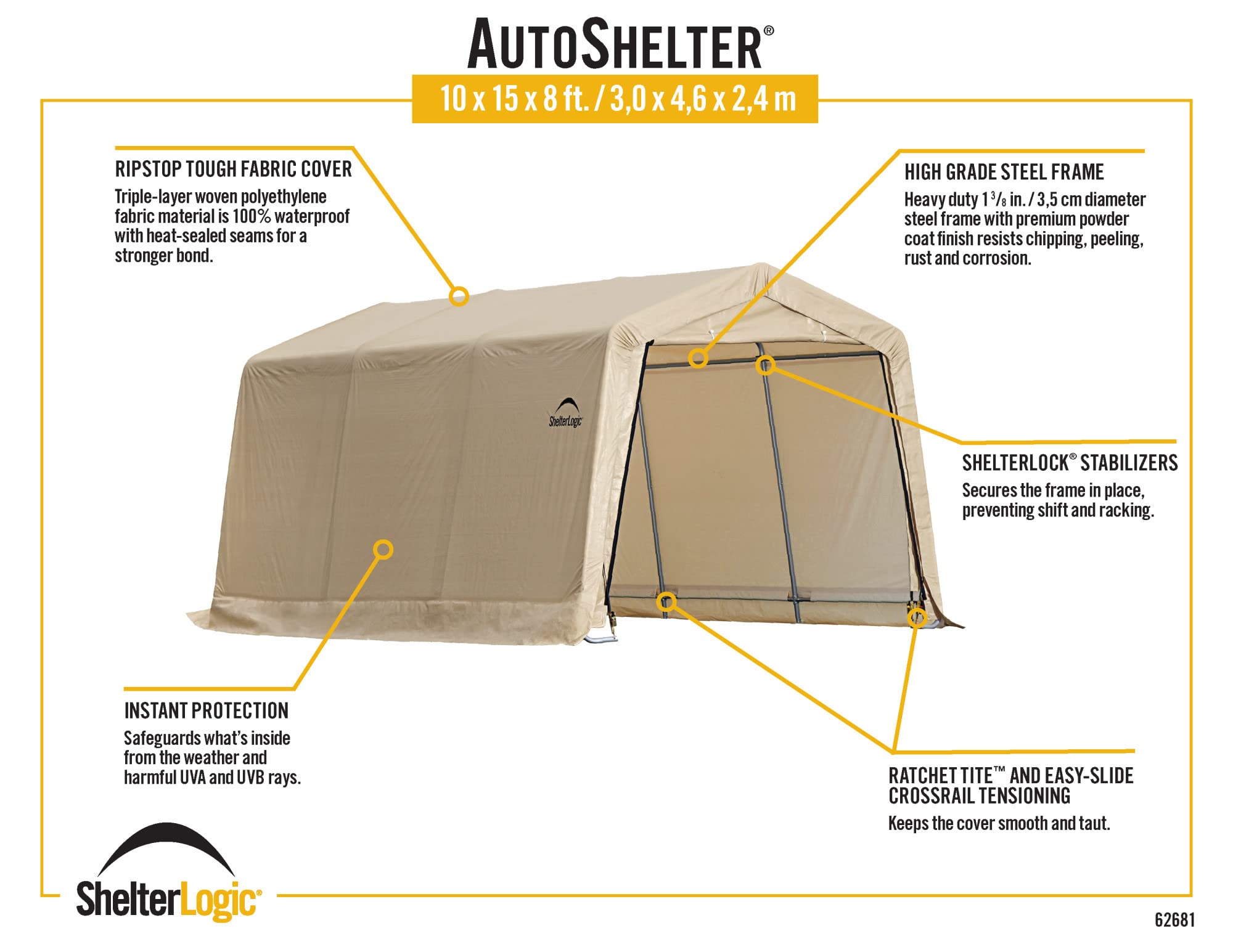 ShelterLogic 10' x 15' x 8' Peak Style Roof Instant Garage Carport Car Canopy with Steel Frame and Waterproof UV-Treated Cover, Sandstone