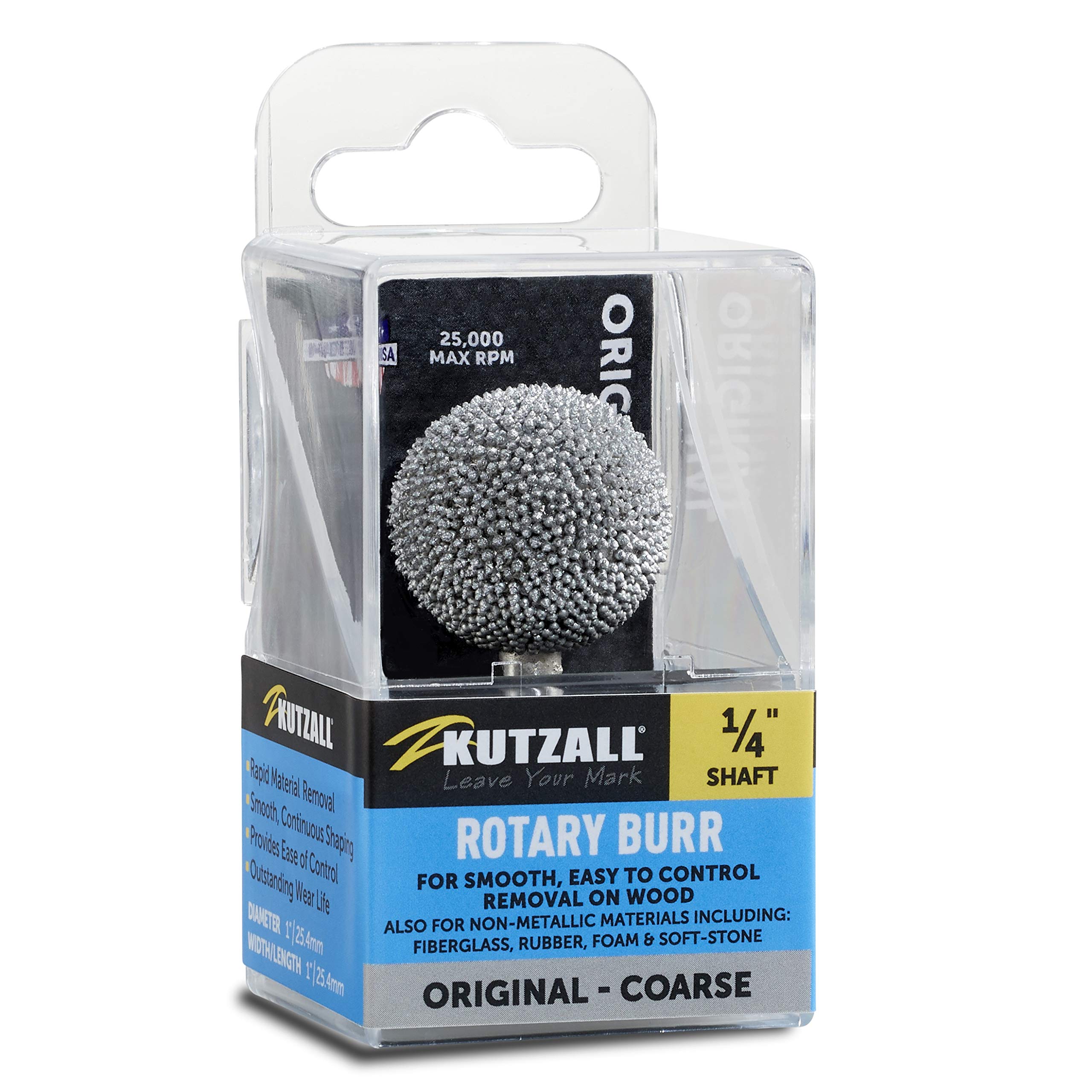 Kutzall Original Sphere Rotary Burr, 1⁄4" Shaft, Coarse - Woodworking Attachment for Bosch, DeWalt, Milwaukee Tools. Abrasive Tungsten Carbide Coating, 1" (25.4mm) Head Diameter, S-1