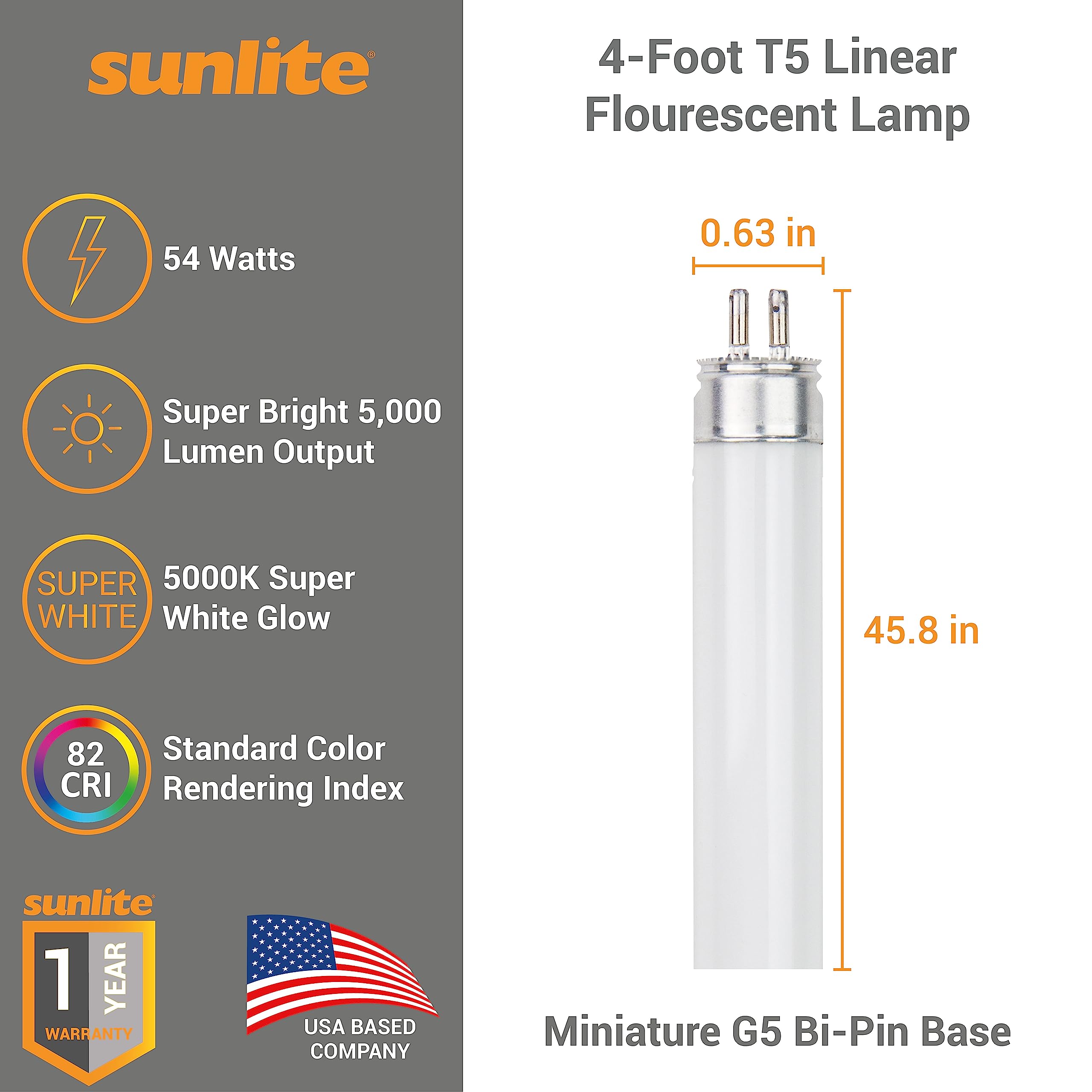 Sunlite F54T5/850/HO 4 Foot T5 Linear Fluorescent Lamp, 54 Watts, 5000 Lumens, 5000K Daylight, Miniature G5 Bi-Pin Base, ROHS Compliant, High Performance Straight Tube, 40 Pack