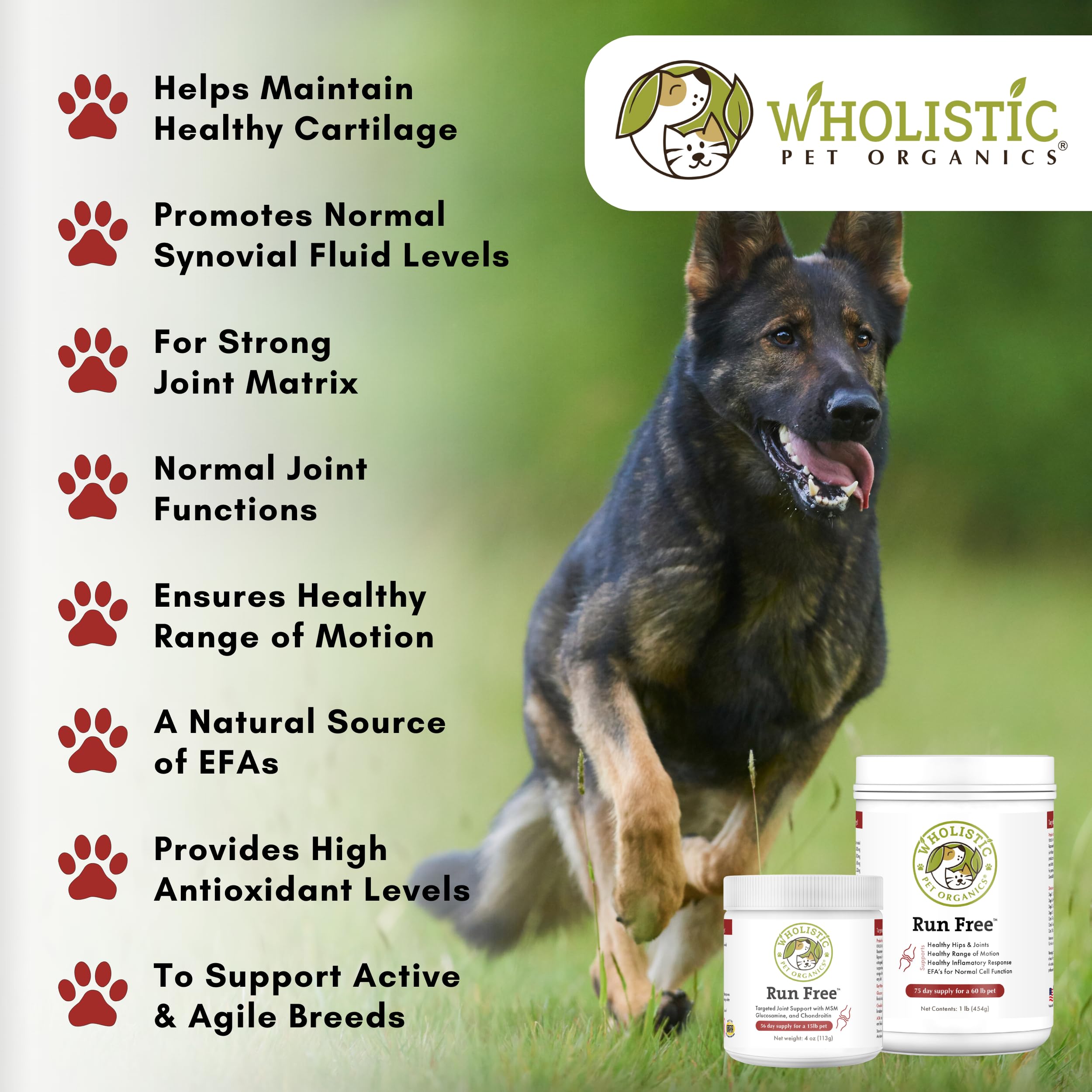 Wholistic Pet Organics Run Free - 1 Lb - Dog Joint Supplement for Senior Dogs, Glucosamine Chondroitin MSM, Dog Vitamins, Cat Joint Pain Relief