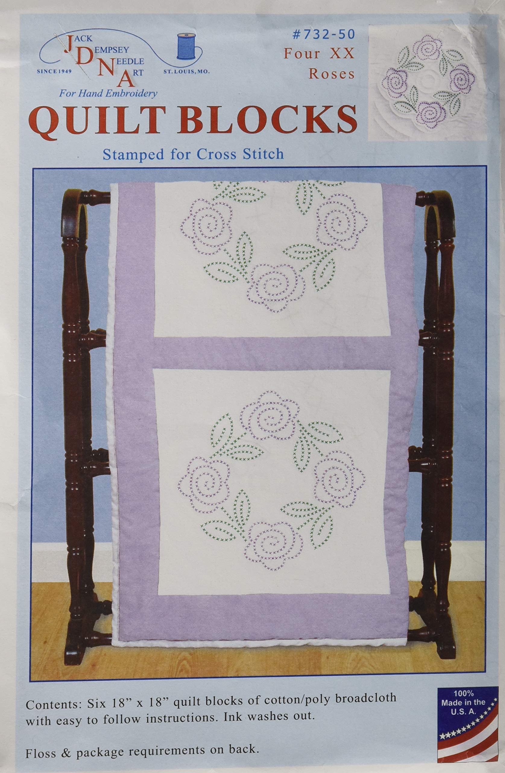 Jack Dempsey Stamped White Quilt Blocks 18"X18" 6/Pkg-XX Roses