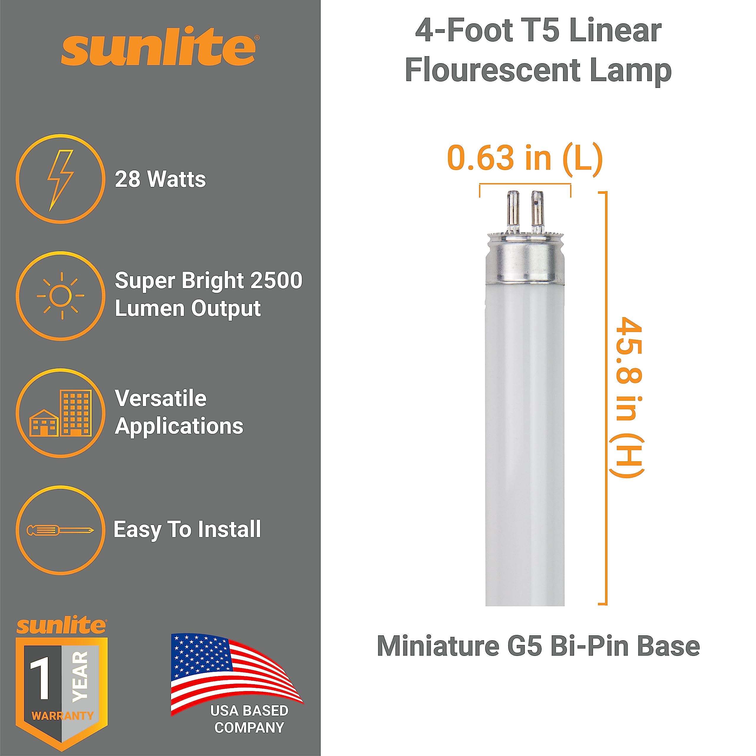 Sunlite 30335 F28T5/835 4 Foot T5 Linear Fluorescent Lamp, 28 Watts, 2500 Lumens, 3500K Neutral White, Miniature G5 Bi-Pin Base, ROHS Compliant, High Performance Straight Tube, 40 Pack