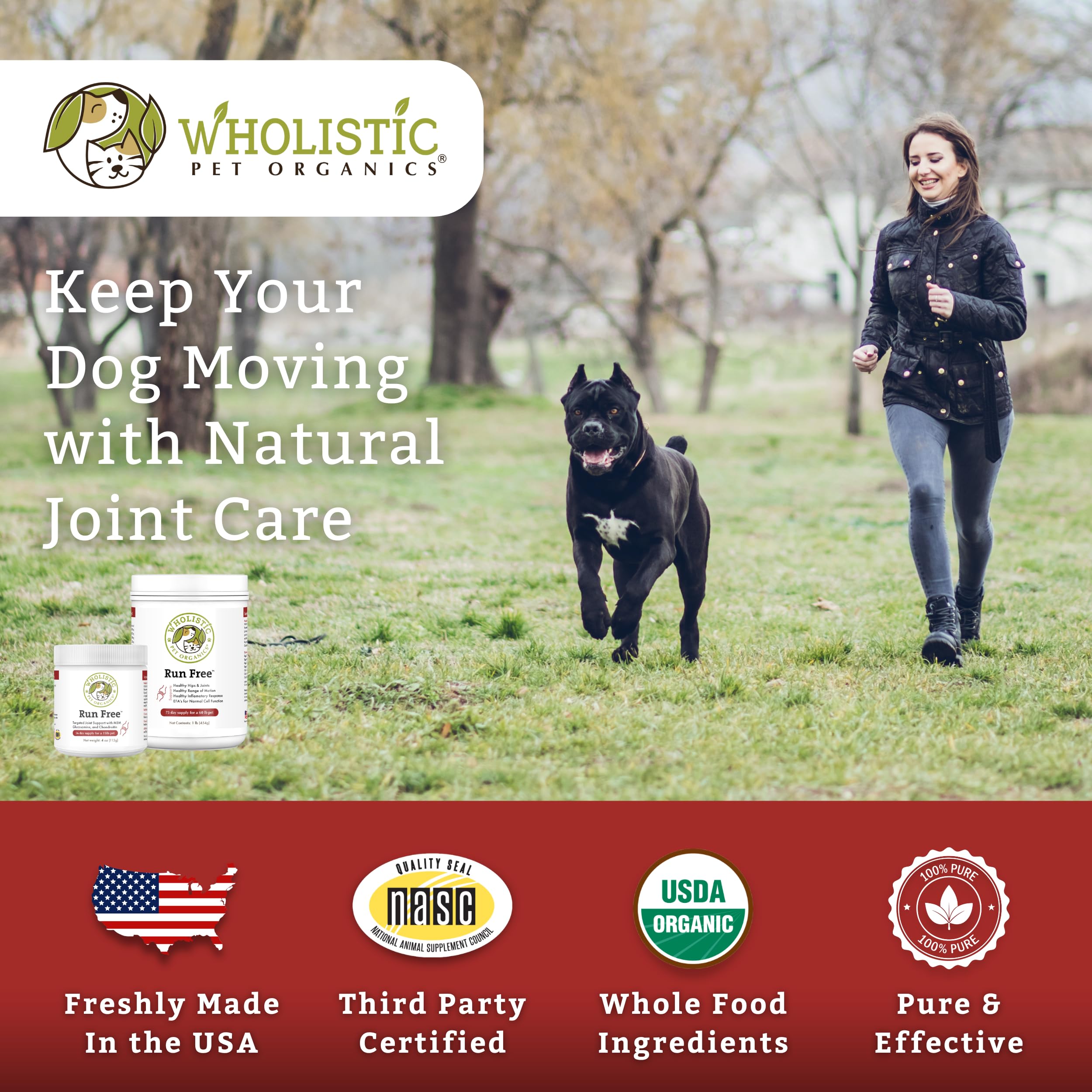 Wholistic Pet Organics Run Free - 1 Lb - Dog Joint Supplement for Senior Dogs, Glucosamine Chondroitin MSM, Dog Vitamins, Cat Joint Pain Relief