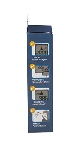 Veridian 09-349 Non-contact Infrared Digital Thermometer, 1-second Readout, Backlit Display, Measures Body and Object/Liquid Temperatures, Memory Recall of Last 10 Readings