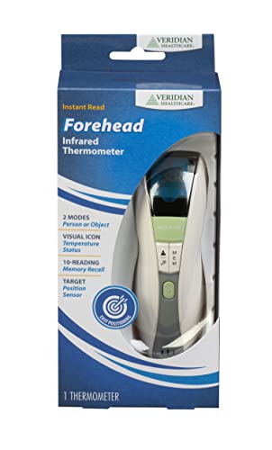 Veridian 09-349 Non-contact Infrared Digital Thermometer, 1-second Readout, Backlit Display, Measures Body and Object/Liquid Temperatures, Memory Recall of Last 10 Readings