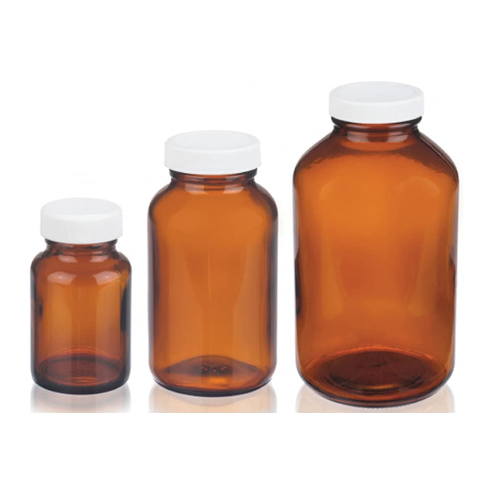 Wheaton W216939 Wide Mouth Packer Bottle, Amber Glass, Capacity 1oz With 28-400 White Polypropylene Poly-Vinyl Lined Screw Cap, Diameter 37mm x 65mm (Case Of 24),1701V31CS