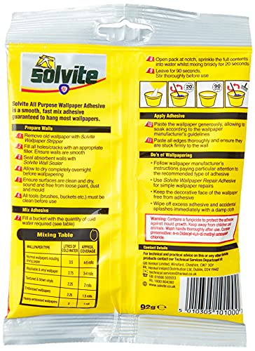 Solvite All-Purpose Wallpaper Adhesive, Reliable Adhesive for Wallpaper, All-Purpose Adhesive with Long-Lasting Results, Wallpaper Paste Hangs up to 5 Rolls (1x92 g Sachet)