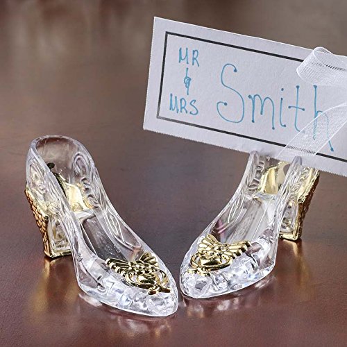 Pack of 36 Gold Accented Cinderella Clear Acrylic Slipper Placecard Holders - Place Card Holders for Quinceanera, Fairy Tale Wedding Favors, or Princess Themed Decorations (3-3/4" long)