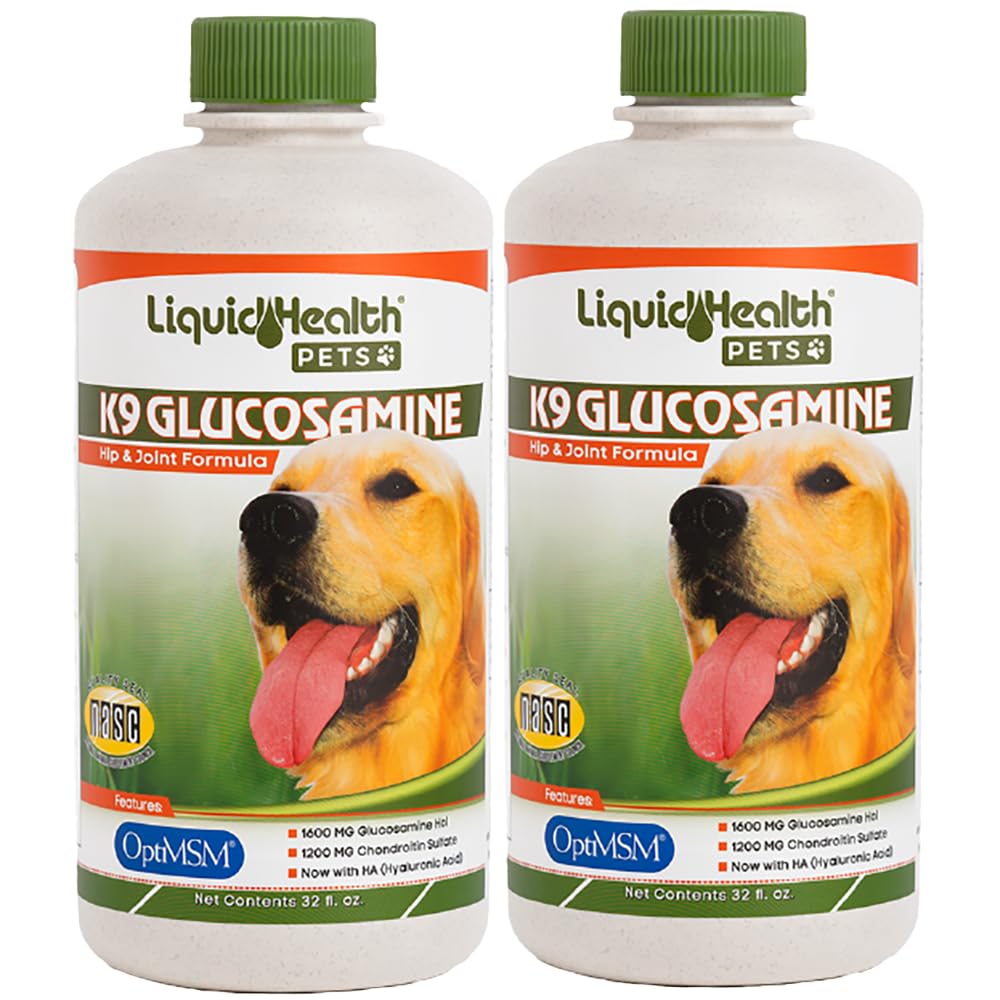 LIQUIDHEALTH 32 Oz K9 Liquid Glucosamine for Dogs, Puppies and Senior Canines - Chondroitin, MSM, Hyaluronic Acid – Joint Health, Dog Vitamins Hip Joint Juice, Dog Joint Oil (2-Pack)