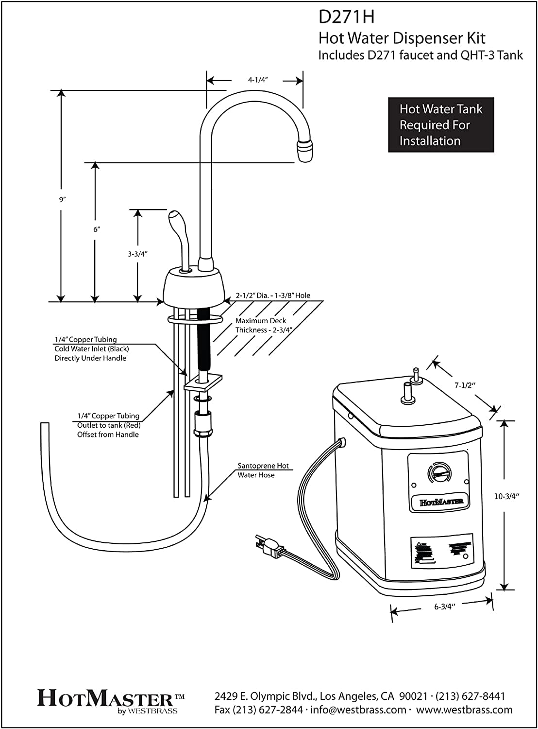 Westbrass D271H-12 Velosah 9" 1-Handle Dispenser Faucet Hot Water, Thermostatic Tank, Oil Rubbed Bronze