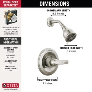 Delta Faucet Foundations Brushed Nickel Shower Faucet Set with 2-Spray Brushed Nickel Shower Head, Shower Trim Kit, Shower Faucet Sets Complete, Stainless BT13210-SS (Valve Not Included)