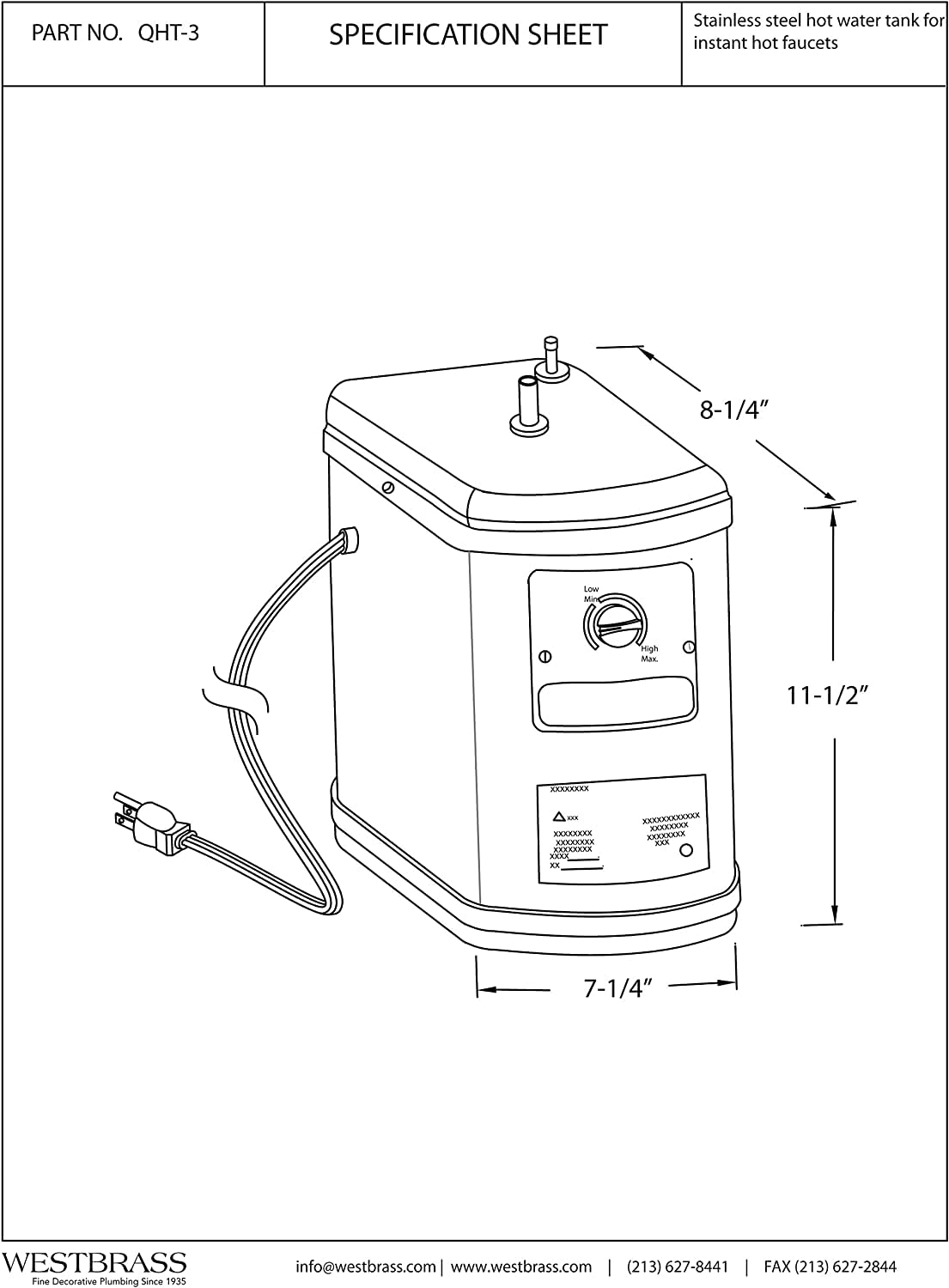 Westbrass D2051H-07 Cold dispenser, with Hot Water Tank, Satin Nickel