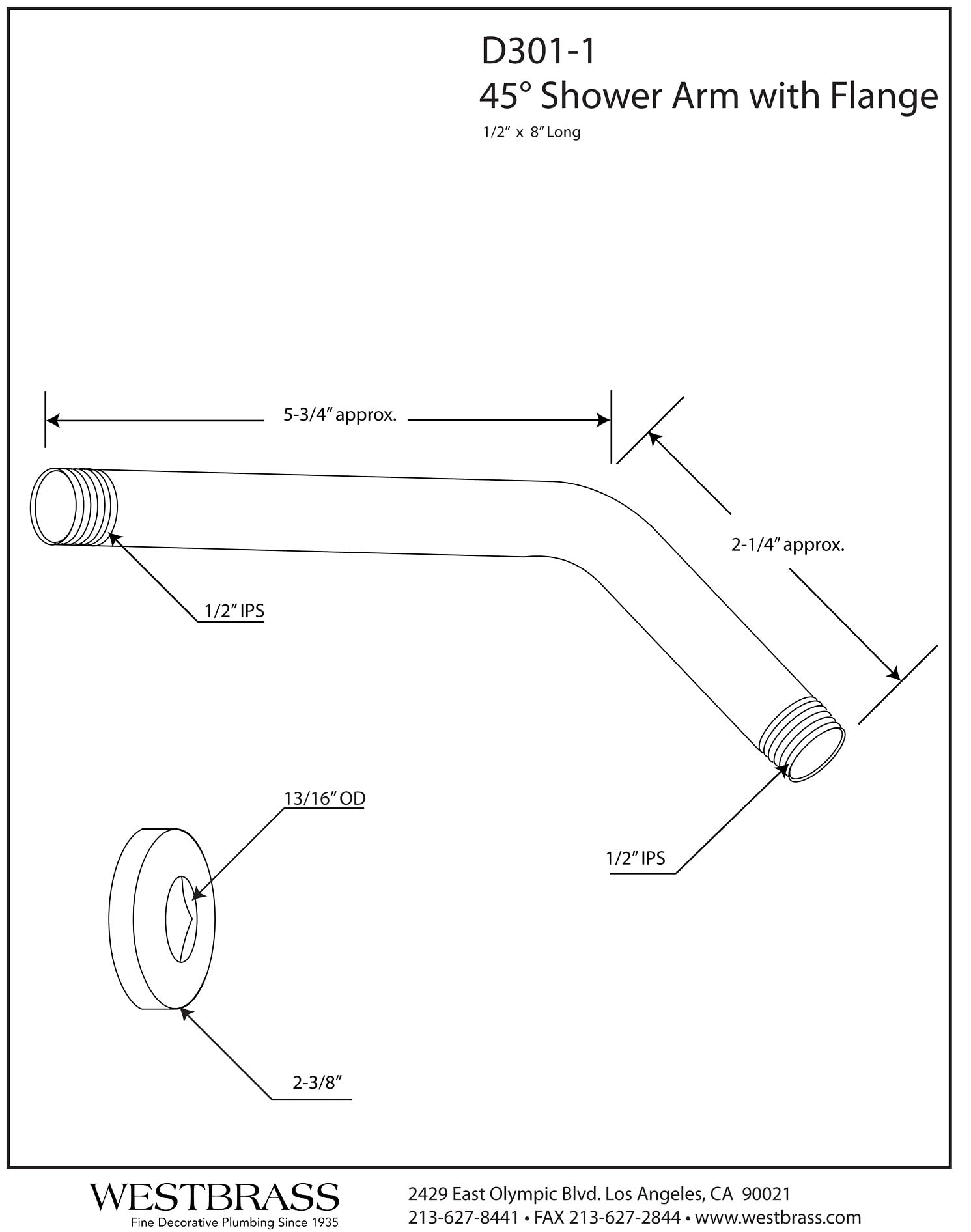 Westbrass D301-1-26 1/2" IPS x 8" Wall Mount Shower Arm with Sure Grip Flange, 1-Pack, Polished Chrome