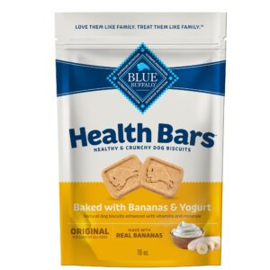 blue buffalo health bars crunchy dog biscuits, oven-baked dog treats made with natural ingredients, bananas & yogurt, 16-oz bag