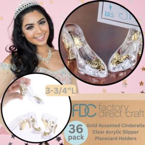 Pack of 36 Gold Accented Cinderella Clear Acrylic Slipper Placecard Holders - Place Card Holders for Quinceanera, Fairy Tale Wedding Favors, or Princess Themed Decorations (3-3/4" long)