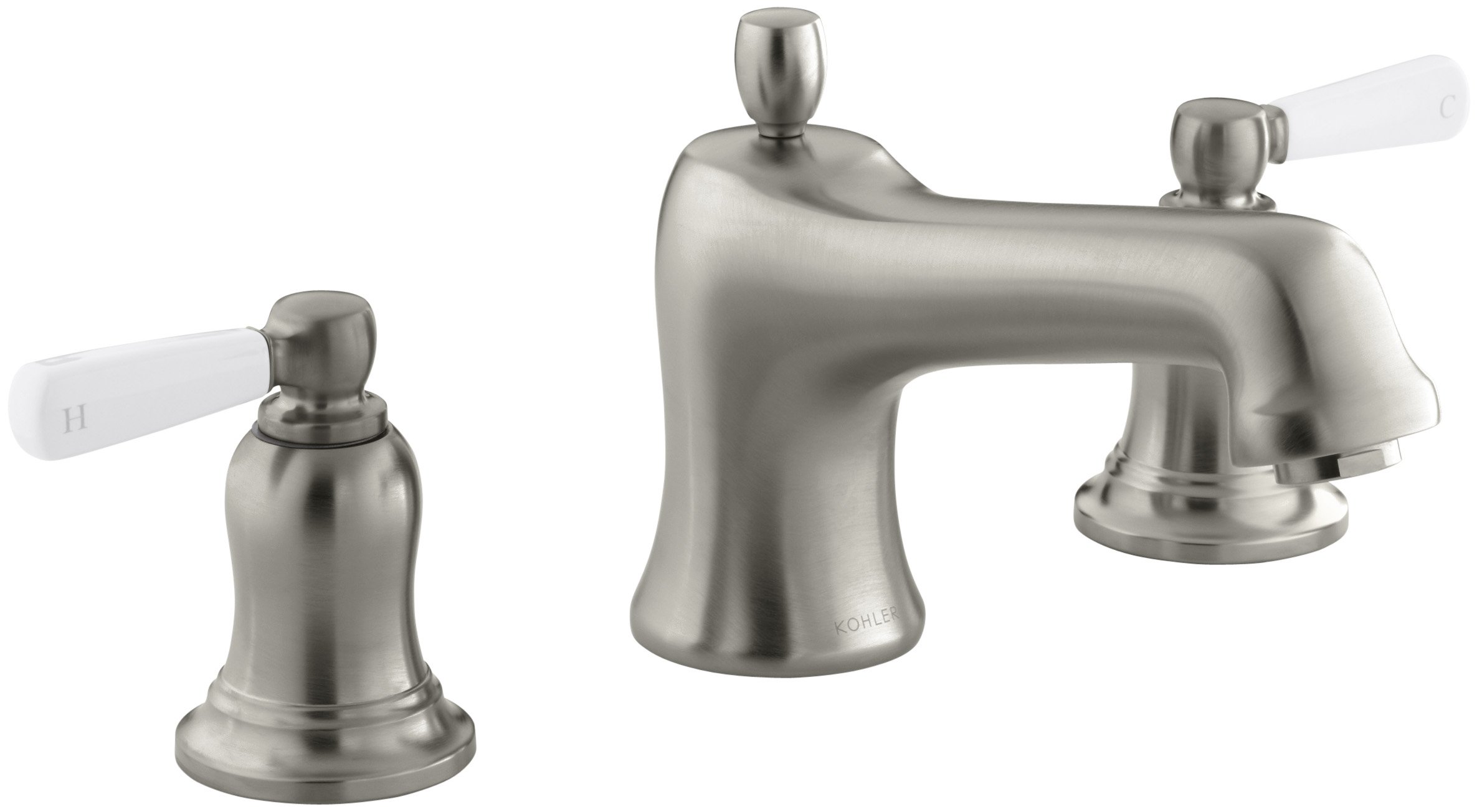 KOHLER Bancroft Bath Faucet Trim for Deck-Mount Valve with Diverter Spout and White Ceramic Lever Handles, Valve Not Included, Vibrant Brushed Nickel