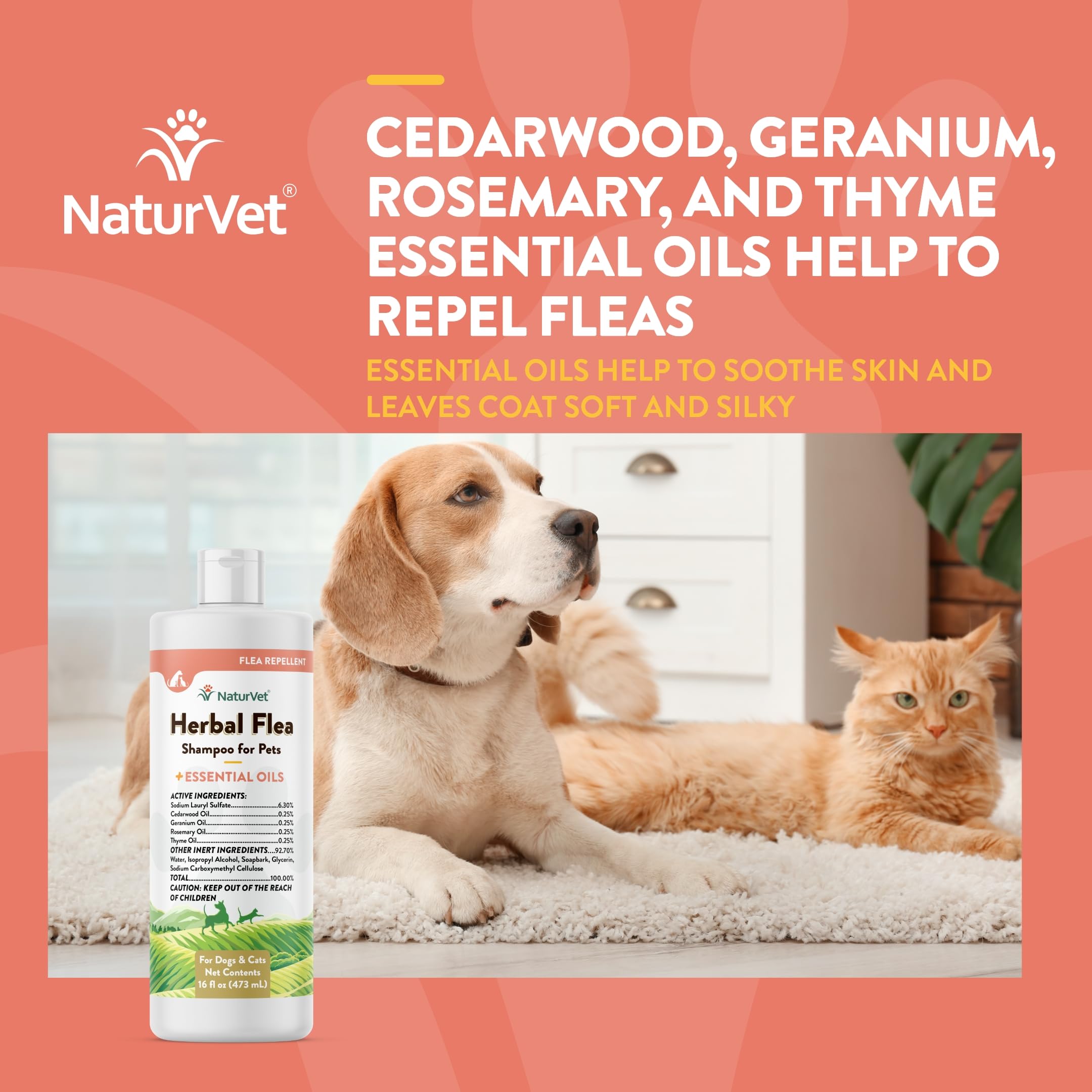 NaturVet Herbal Flea Pet Shampoo with Essential Oils – Helps Against Fleas, Insects – Deodorizing Dog Shampoo – Includes Rosemary, Cedarwood, Geranium, White Thyme Oils – 16 Oz.