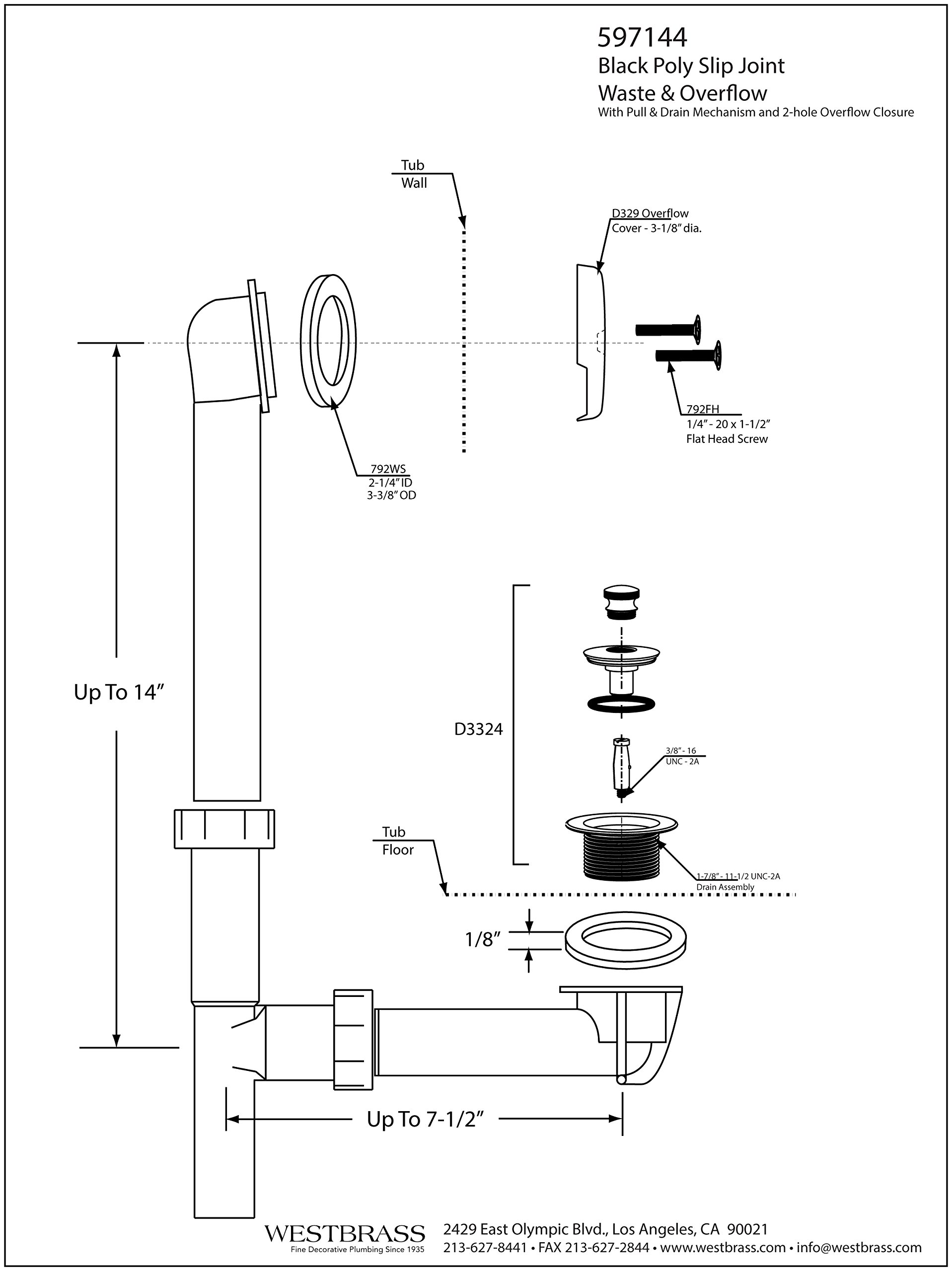 Westbrass 597144-62 14" Poly Tubular Bath Waste & Overflow Assembly with 2-Hole Faceplate and Pull to Open Drain Plug, 1-Pack, Matte Black