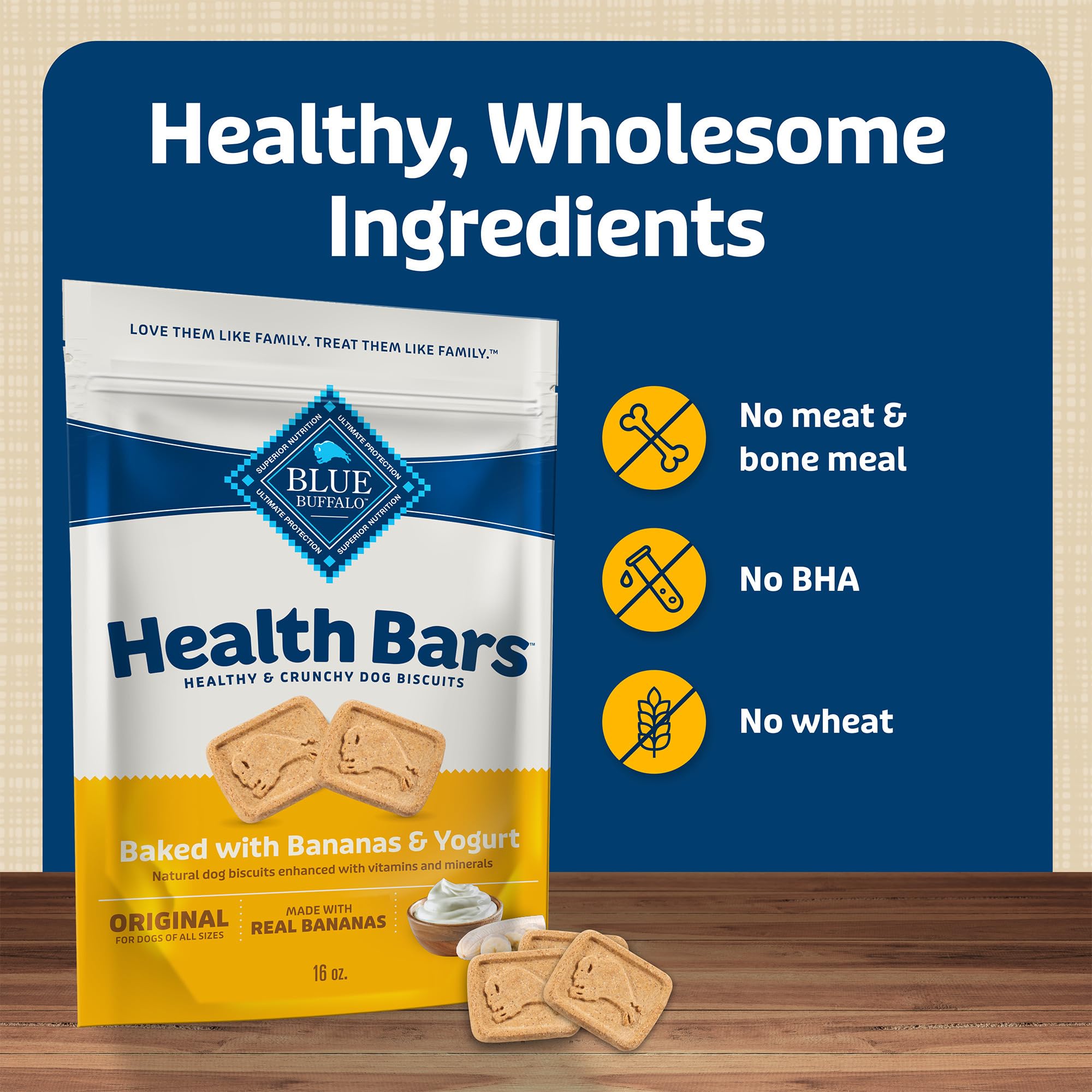 Blue Buffalo Health Bars Crunchy Dog Biscuits, Oven-baked Dog Treats Made with Natural Ingredients, Bananas & Yogurt, 16-oz Bag