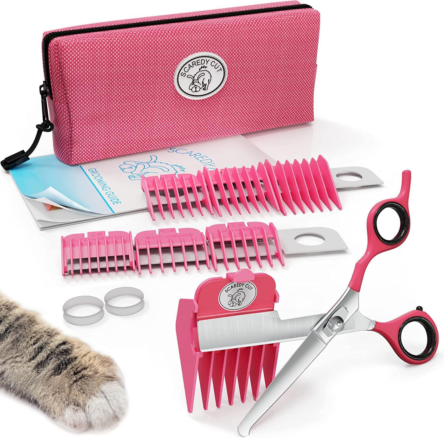 SCAREDY CUT Silent Pet Grooming Kit for Dog, Cat and All Pet Grooming - A Quiet Alternative to Electric Clippers for Sensitive Pets (Right-Handed Pink)