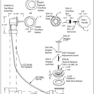 Westbrass D50P45-01 45" Cable Drive Standard Bath Drain Trim Kit with Rotary Overflow Cover Knob, Pop-Up Stopper and SCH. 40 PVC Fittings, Polished Brass