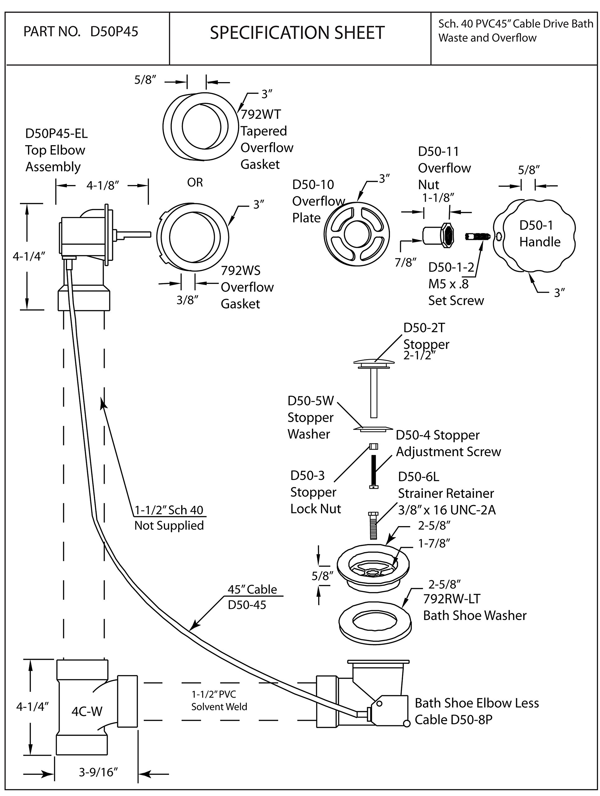 Westbrass D50P45-01 45" Cable Drive Standard Bath Drain Trim Kit with Rotary Overflow Cover Knob, Pop-Up Stopper and SCH. 40 PVC Fittings, Polished Brass