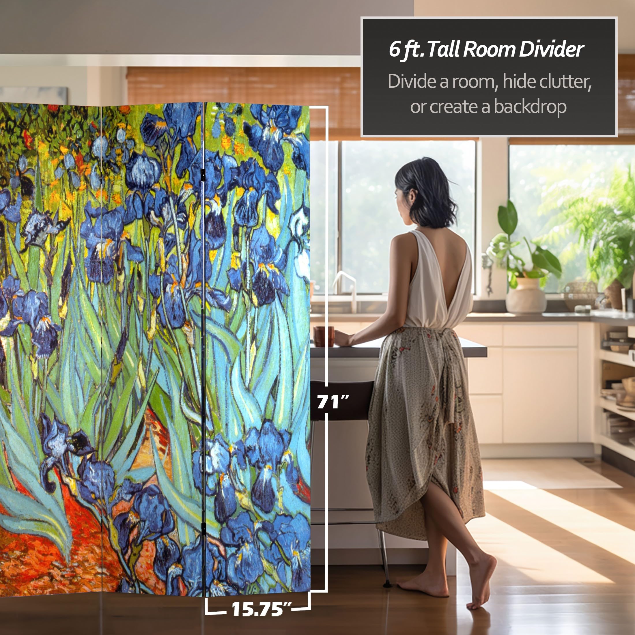 Red Lantern 6 ft. Tall Double Sided Works of Van Gogh Canvas Irises/Starry Night Over Rhone Room Divider, 6 Foot - 4 Panel, Blue