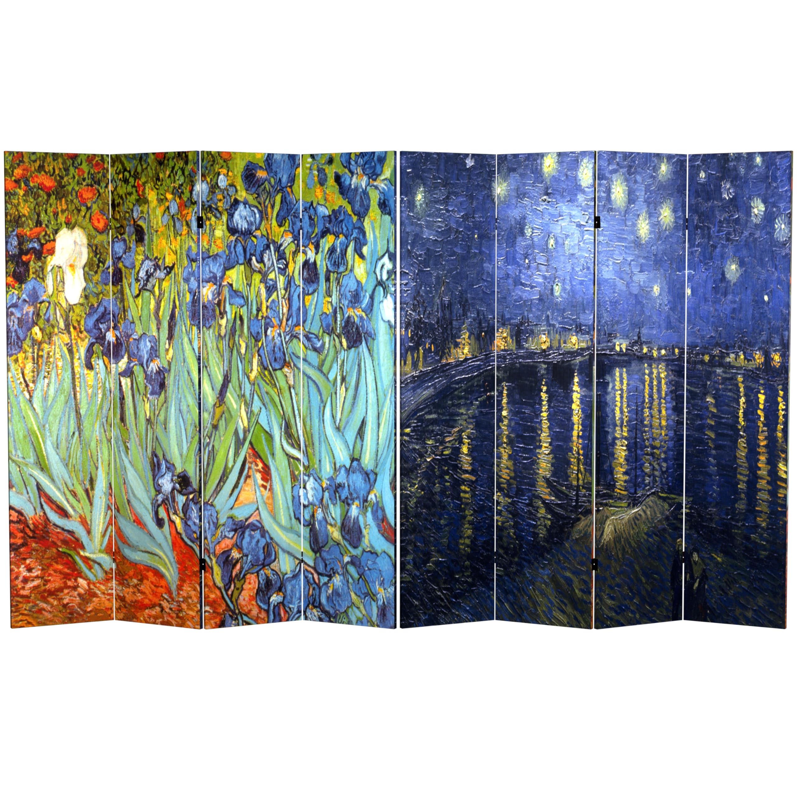 Red Lantern 6 ft. Tall Double Sided Works of Van Gogh Canvas Irises/Starry Night Over Rhone Room Divider, 6 Foot - 4 Panel, Blue