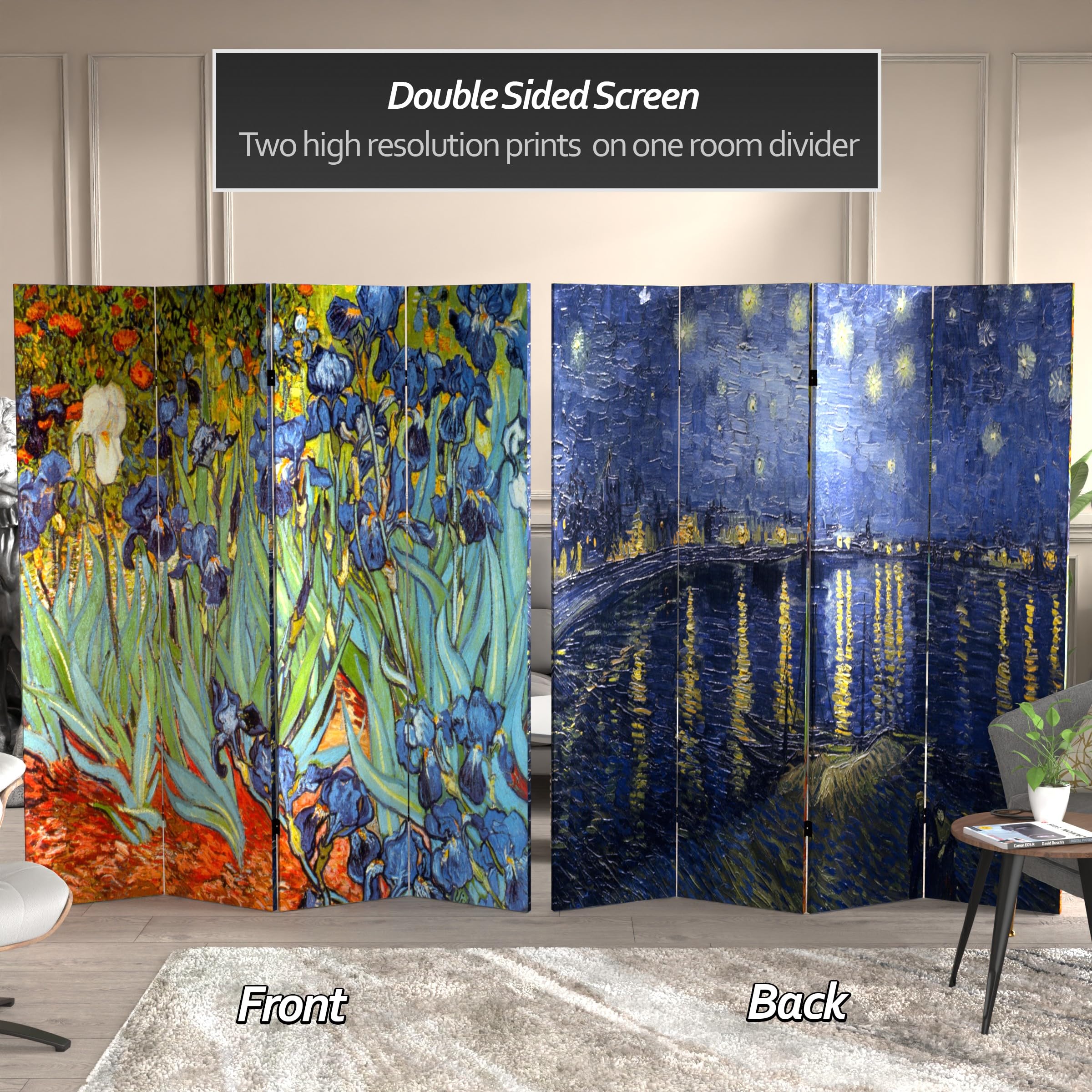 Red Lantern 6 ft. Tall Double Sided Works of Van Gogh Canvas Irises/Starry Night Over Rhone Room Divider, 6 Foot - 4 Panel, Blue