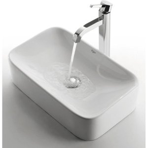 KRAUS 19-inch Rectangular White Porcelain Ceramic Bathroom Vessel Sink and Ramus Faucet Combo Set with Pop-Up Drain, Chrome C-KCV-122-1007CH