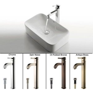 KRAUS 19-inch Rectangular White Porcelain Ceramic Bathroom Vessel Sink and Ramus Faucet Combo Set with Pop-Up Drain, Chrome C-KCV-122-1007CH