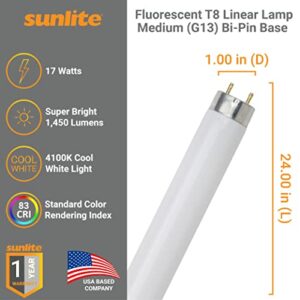 Sunlite 30125 2 Foot T8 Linear Fluorescent Lamp, 17 Watts, 1450 Lumens, F17T8/SP841, 4100K Cool White, Medium G13 Bi-Pin Base, ROHS Compliant, 30 Pack