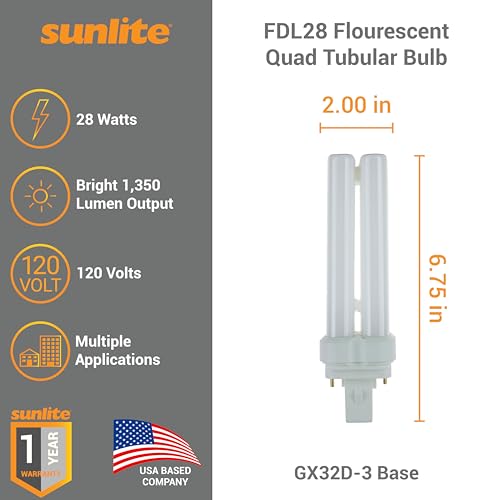 Sunlite FDL28 Fluorescent Quad Tube Plug-in Bulb, 28 Watt, 10,000 Hour Life Span, GX32D-3 Base, 1350 Lumens, for Fluorescent Ceiling Fixtures, Lamps, 5000K Daylight, 1 Pack