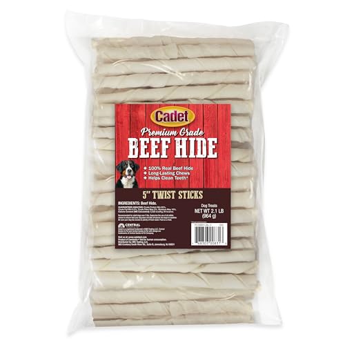 Cadet Premium Grade Beef Hide for Dogs, Long Lasting Rawhide Twist Chew Sticks, Natural Dog Chews, 5 Inch Dog Bones (34 Count)