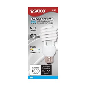 Satco S7227 23-Watt Medium Base T2 Mini Spiral, 2700K, 120V, Equivalent to 100-Watt Incandescent Lamp for Enclosed Fixtures, 2700 Soft White