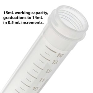 Globe Scientific 6264 Polypropylene Centrifuge Tube with Separate Red Screw Cap, Non-Sterile, 15mL Capacity, Printed Graduation, Bulk Pack (Case of 500)