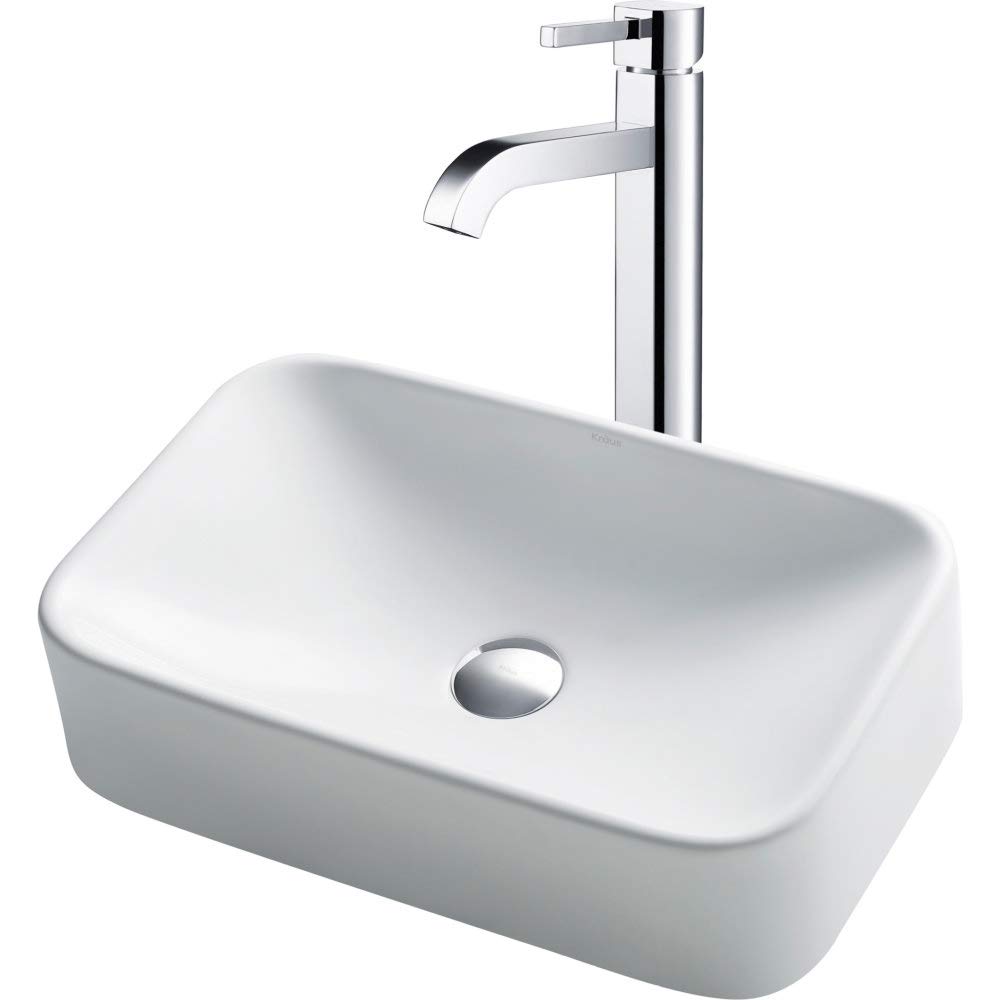 KRAUS 19-inch Rectangular White Porcelain Ceramic Bathroom Vessel Sink and Ramus Faucet Combo Set with Pop-Up Drain, Chrome C-KCV-122-1007CH