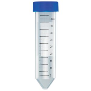 globe scientific 6288 polypropylene centrifuge tube with attached blue flat top screw cap, sterile, printed graduation, bag pack, 50ml capacity (case of 500)