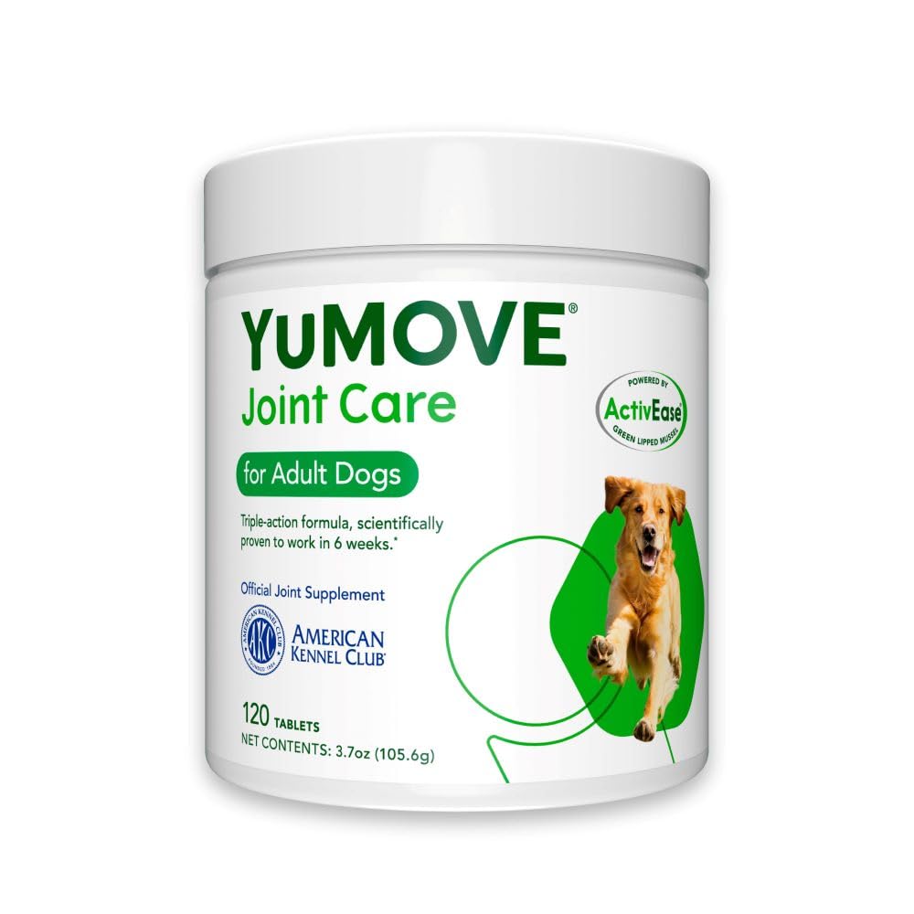 YuMOVE Adult Dog Tablets | Hip and Joint Supplement for Dogs with Glucosamine, Chondroitin, Hyaluronic Acid, Green Lipped Mussel | Dogs Aged 6 to 8 | 120 Count Tablets, Treat Colored