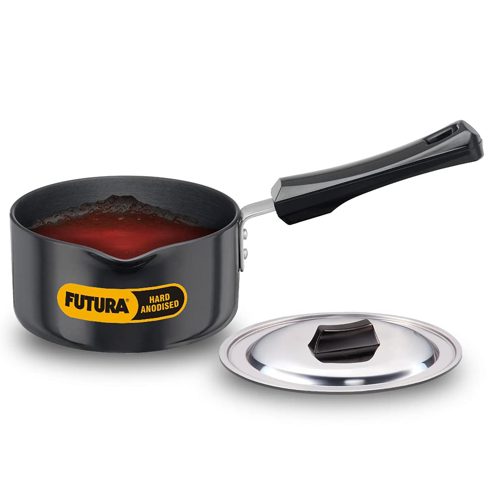 Futura Hard Anodised 1.0 Litre with Steel Lid and Pouring Spout Sauce Pan, 1.05 Quart, Black