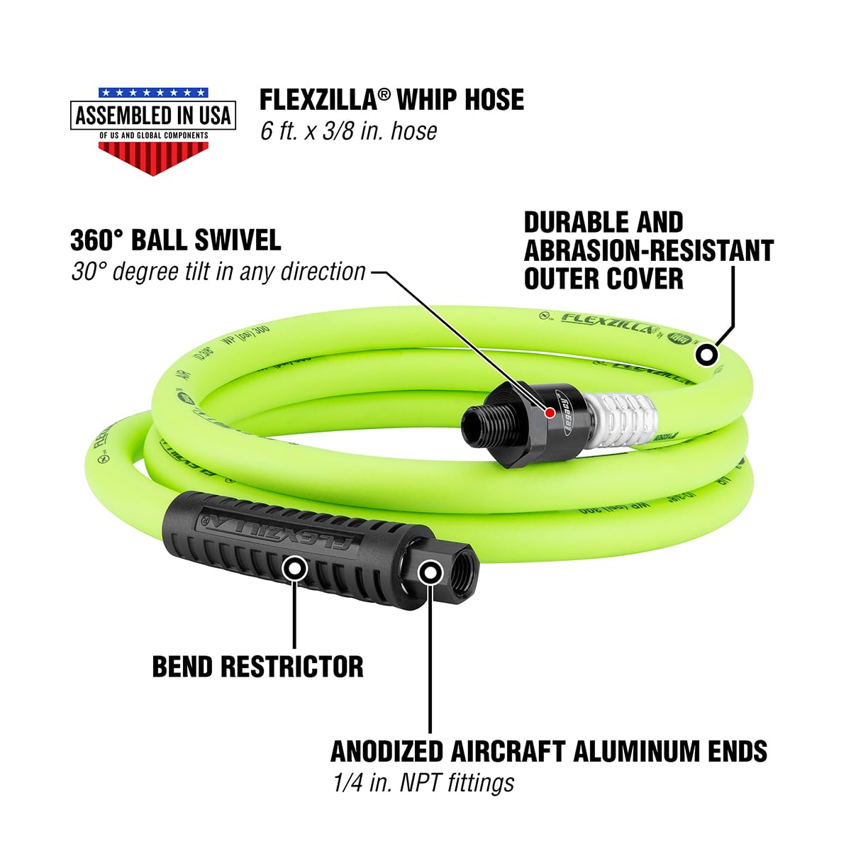 Flexzilla Swivel Whip Air Hose, 3/8 in. x 6 ft. (1/4" MNPT Ball Swivel x 1/4" FNPT Ends), Heavy Duty, Lightweight, Hybrid, ZillaGreen - HFZ3806YW2B