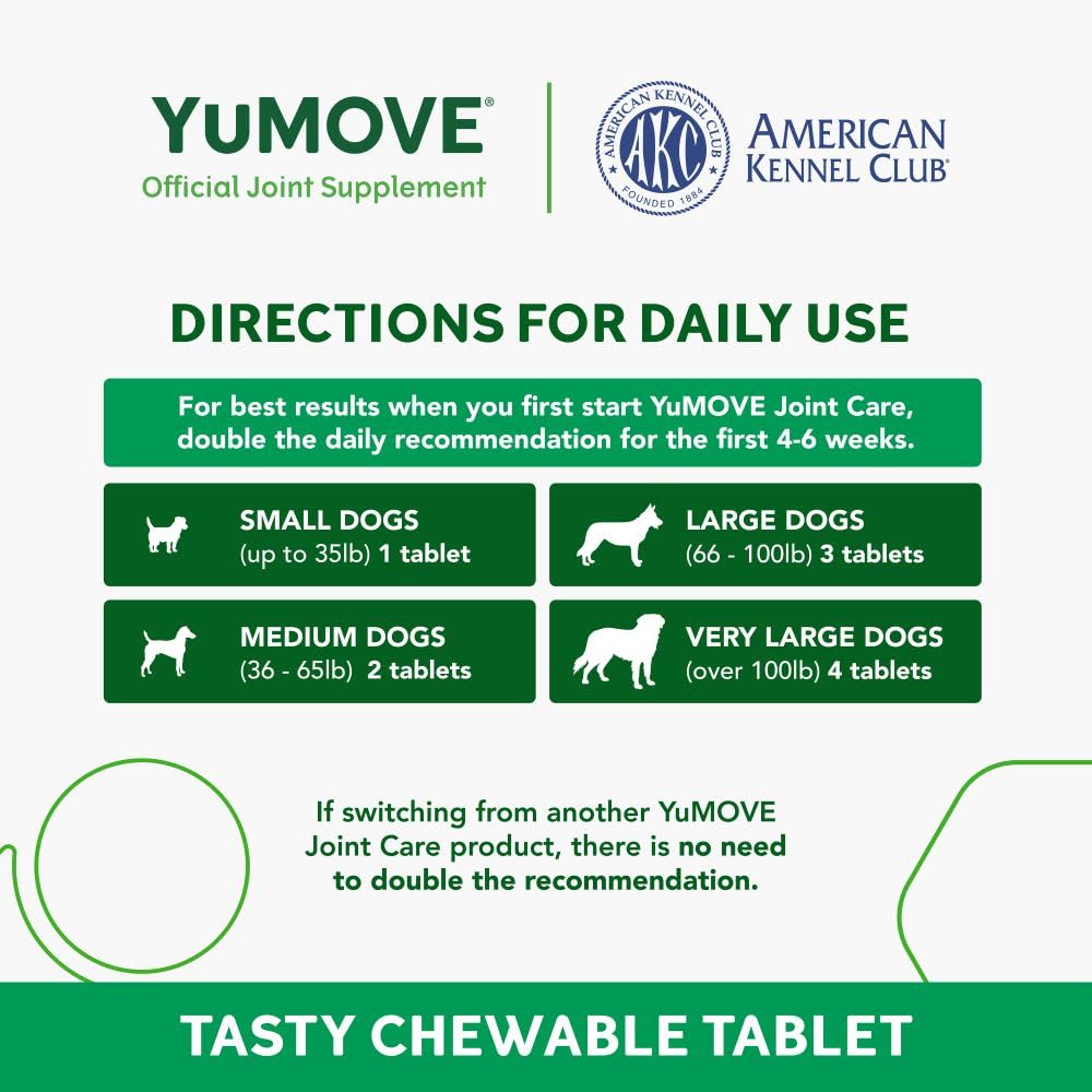 YuMOVE Adult Dog Tablets | Hip and Joint Supplement for Dogs with Glucosamine, Chondroitin, Hyaluronic Acid, Green Lipped Mussel | Dogs Aged 6 to 8 | 120 Count Tablets, Treat Colored