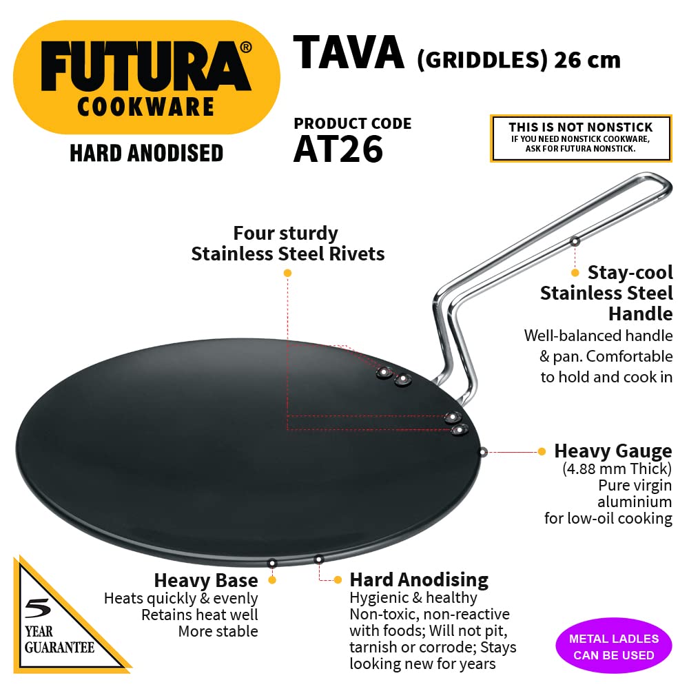 Futura 10inch Hard Anodised Concave Tava Griddle, 10-Inch, 4.88 with Steel Handle, 26 cm, Black